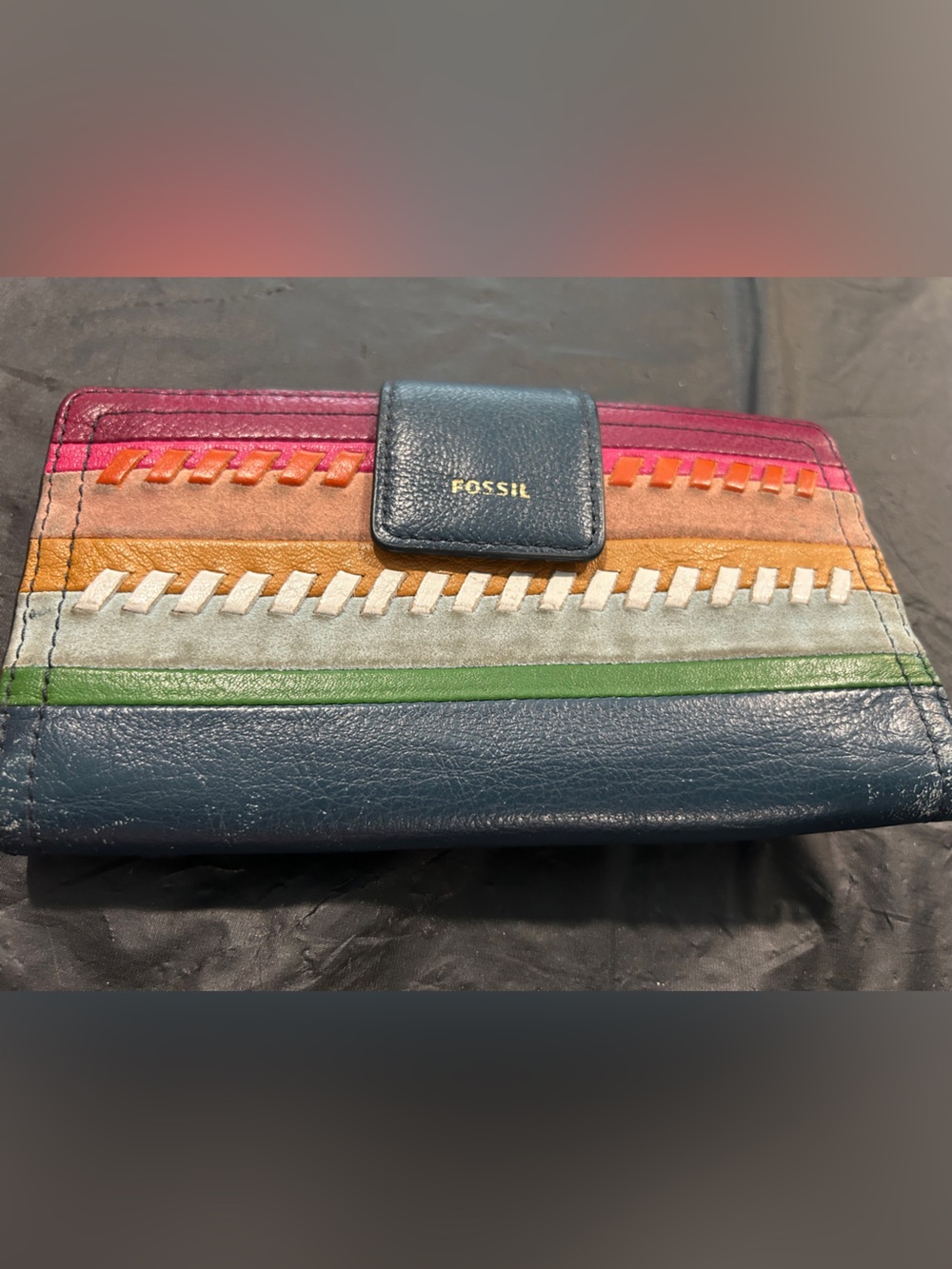Fossil Multicolor Striped Leather Wallet - Blue, Pink, Orange, Green see corners